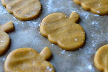 cut out cookies shapes of raw pumpkin dough on baking sheet