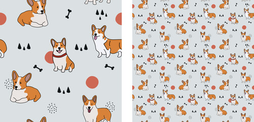 Seamless Corgi dog pattern, holiday texture. Square format, t-shirt, poster, packaging, textile, socks, textile, fabric, decoration, wrapping paper. Trendy hand-drawn dogs wallpaper.