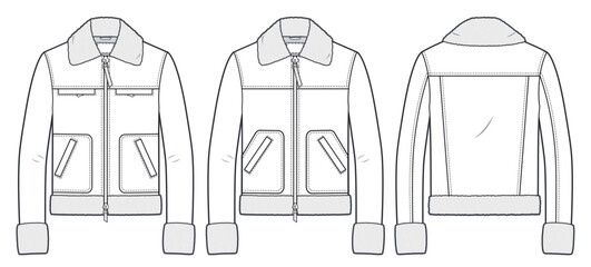 Winter Ted Biker Jacket with Faux Fur technical fashion illustration. Sheepskin Coat, Bomber fashion flat technical drawing template, pockets, front, back view, white, women, men, unisex CAD mockup. 