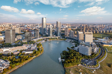 Aerial photography of modern architectural landscape of Dushu Lake in Suzhou