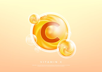 Vitamin C golden vector treatment. Vitamin gold oil pill icon. Skin care natural nutrition. Ascorbic antioxidant acid drop. Orange medicine capsule. vector