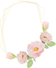 hand draw watercolor pink roses with golden frame wreath