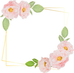 watercolor pink English rose flower bouquet with golden frame