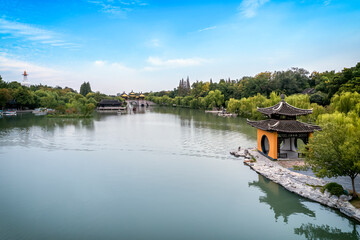 Aerial photography of Chinese garden scenery of Slender West Lake in Yangzhou