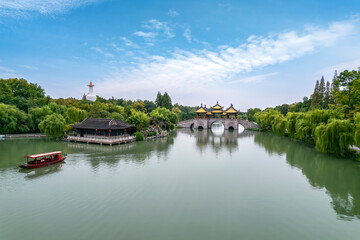 Aerial photography of Chinese garden scenery of Slender West Lake in Yangzhou