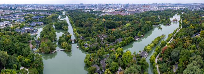 Aerial photography of Chinese garden scenery of Slender West Lake in Yangzhou