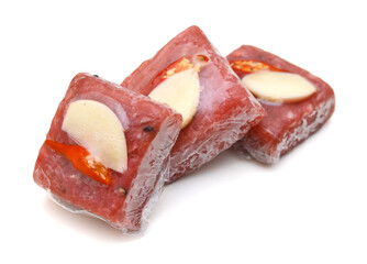 Sour pork : venamese northeastern style food which mixed pork rice garlic sugar and salt in banana leaf package.