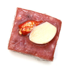 Sour pork : venamese northeastern style food which mixed pork rice garlic sugar and salt in banana leaf package.