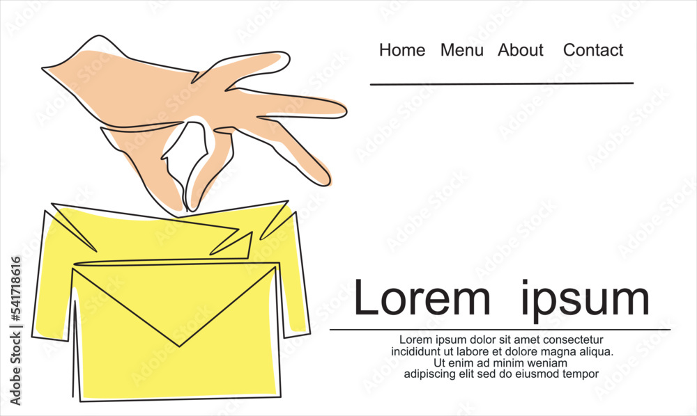 Poster hand with paper envelope-continuous line drawing minimalist. vector