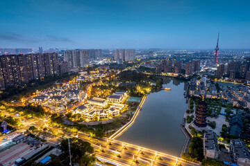 Aerial photography night view of Taizhou city skyline in China