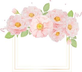 hand draw watercolor pink roses with golden frame wreath