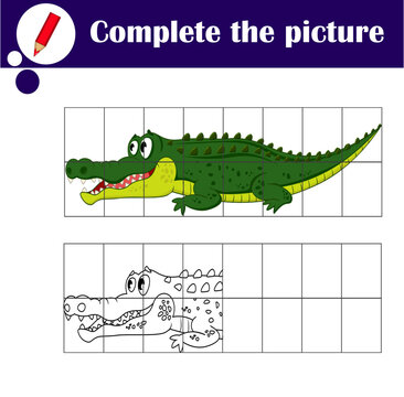 Educational game for children. Copy the picture. Cute crocodile. Coloring book