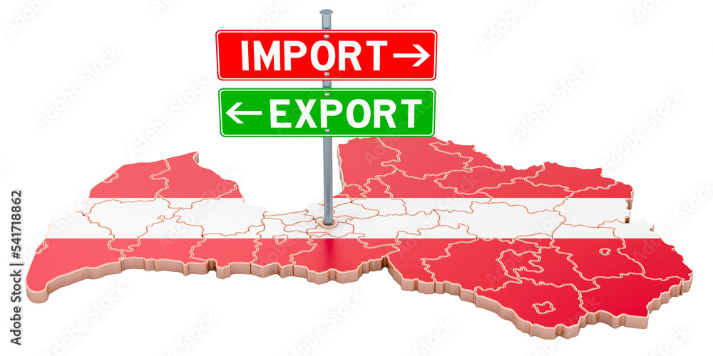 Poster import and export in latvia concept, 3d rendering