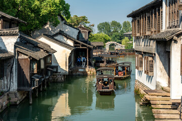 Close-up view of street scene in Wuzhen, China