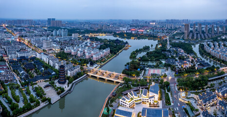 Fototapeta na wymiar Aerial photography night view of Taizhou city skyline in China