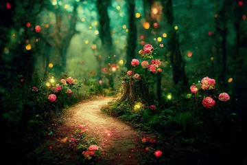 Papier Peint photo autocollant Chocolat brun Beautiful enchanted forest landscape in spring with pathway in digital art 3D illustration. Spectacular red and pink flower with shimmering bokeh environment under tree canopy in the morning or dawn.