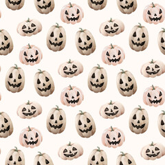 Watercolor halloween seamless pattern with scary pumpkins