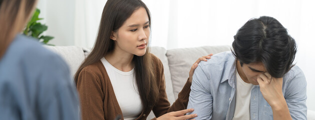 couple relationship therapy with a counselor. Close Up hands of the woman client during a conversation with psychologist to find problems and solution.