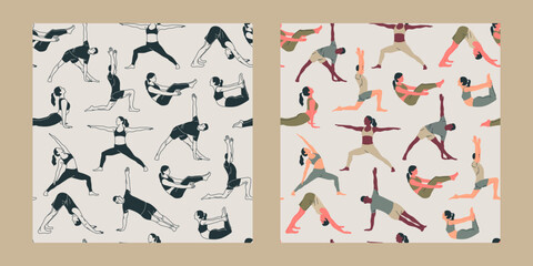 Set of 2 seamless patterns with young people wearing sportswear doing yoga. Concept of sport, gym, yoga, pilates, fitness, meditation and relax. Health care and lifestyle concept. Vector illustration.