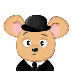 A cute little mouse in a bowler hat and a suit with a tie