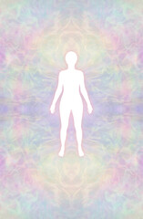 White silhouette female figure template - centrally placed against a symmetrical intricate multicoloured delicate pattern background ideal for a spiritual healing theme with copy space all around
