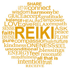 Reiki Circle Healing Words - gold words on white background ideal for a Reiki Healer's treatment room as wall art, drinks coaster or place mat
