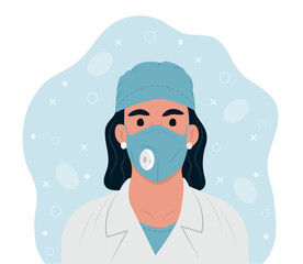 Frontline heroes illustration of doctor. Female doctor in lab coat, mask and headdress. Flat style vector