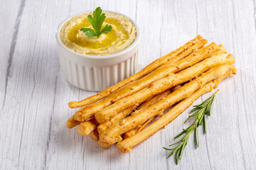 Homemade Grissini with Chickpea Hummus.