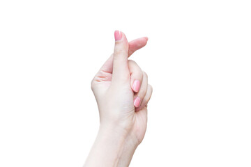 Asian woman make her hand like mini heart shape (Korea style) as a sign of love isolated on a white background.
