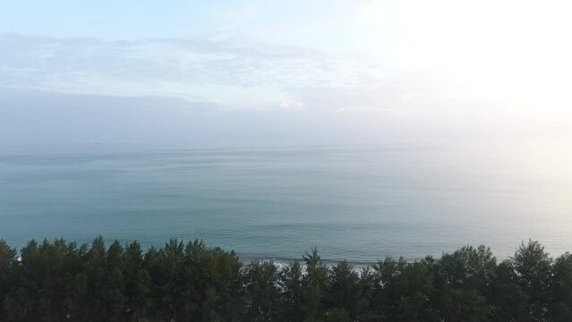 Aerial view of a beach in Indonesia with tropical trees overlooking the calm sea on a sunny morning