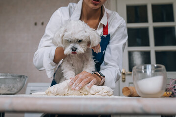 Woman in the kitchen kneads the dough with her dog
