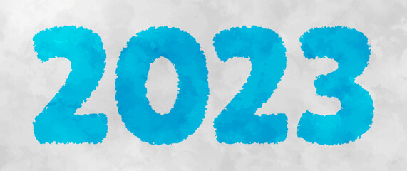 Happy New Year 2023 with brush painted  blue watercolor texture and white backdrop. Vector illustration background for new year's eve. Template for new year happy wishes. Hand drawn backdrop for cover