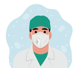 Frontline heroes illustration of doctor. Male doctor in lab coat, mask and hat. Flat style vector