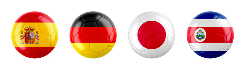 World Cup 2022 Qatar GROUP E teams ball flags. isolated on white background. 3d illustration .