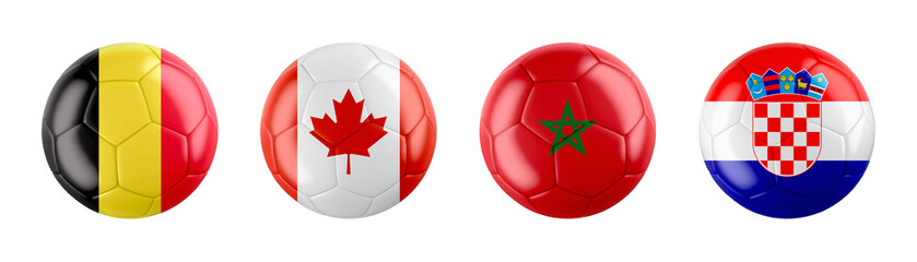 World Cup 2022 Qatar GROUP F teams ball flags. isolated on white background. 3d illustration .