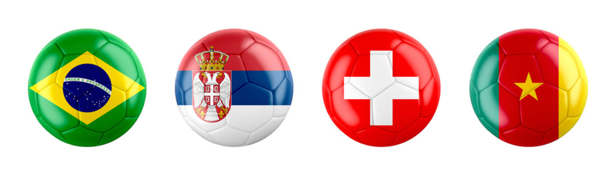 World Cup 2022 Qatar GROUP G teams ball flags. isolated on white background. 3d illustration .