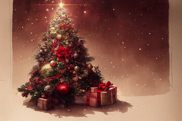 Fototapeta na wymiar Fantasy festive Christmas tree with gifts. Christmas card background.