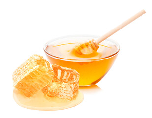 fresh natural honey with honey dipper isolated on white.
