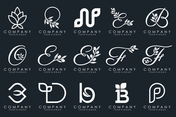 leaf combined with letter logo design and icon set