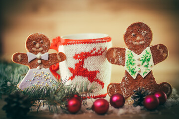 Christmas card. Christmas mug and gingerbread men