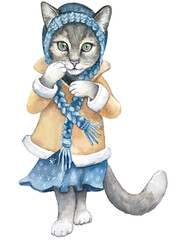 Snow cat in warm clothes. Watercolor illustration