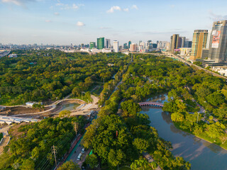 Green tree forest public park with city office building