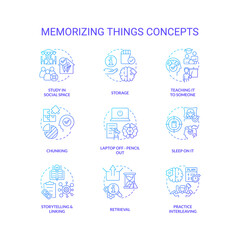 Memorizing things tricks blue gradient concept icons set. Improve memory skills. Brain training. Learn idea thin line color illustrations. Isolated symbols. Roboto-Medium, Myriad Pro-Bold fonts used