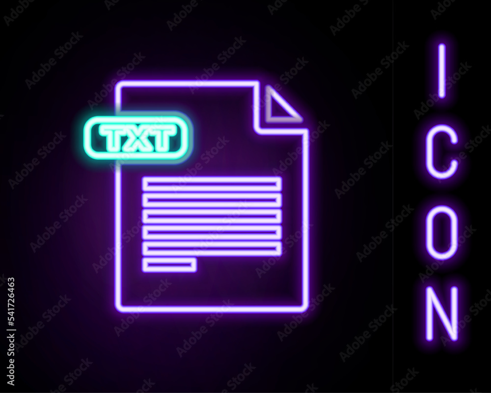 Poster glowing neon line txt file document. download txt button icon isolated on black background. text fil