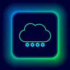Glowing neon line Cloud with snow icon isolated on black background. Cloud with snowflakes. Single weather icon. Snowing sign. Colorful outline concept. Vector