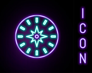 Glowing neon line Compass icon isolated on black background. Windrose navigation symbol. Wind rose sign. Colorful outline concept. Vector