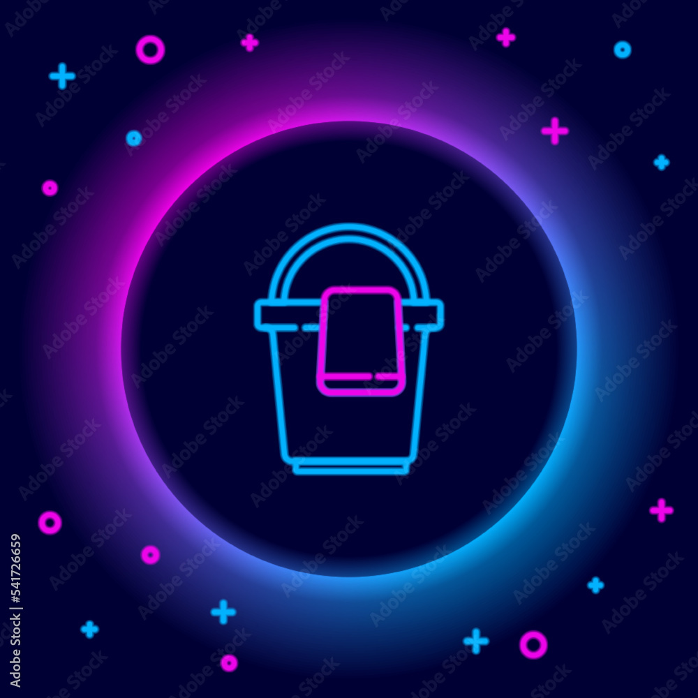 Poster glowing neon line bucket with rag icon isolated on black background. cleaning service concept. color