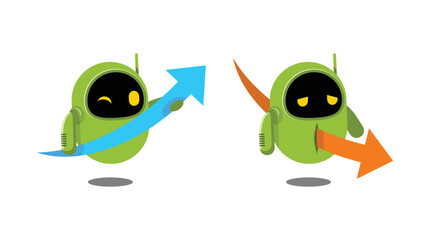 Green robot with graph arrow. Happy robot and sad robot.