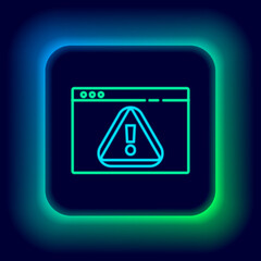 Glowing neon line Browser with exclamation mark icon isolated on black background. Alert message smartphone notification. Colorful outline concept. Vector