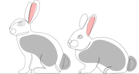 rabbits drawing in one continuous line, isolated, vector